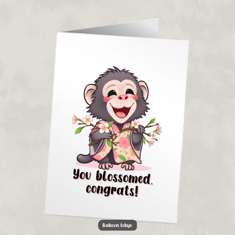 Funny Free Printable Congrats Card: A delighted baboon in a floral kimono holds a blooming branch, symbolizing new achievements.