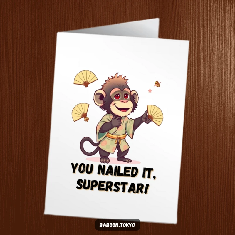 Funny Free Printable Congrats Card: Energetic baboon in kimono juggles tiny fans, celebrating an achievement with flair.