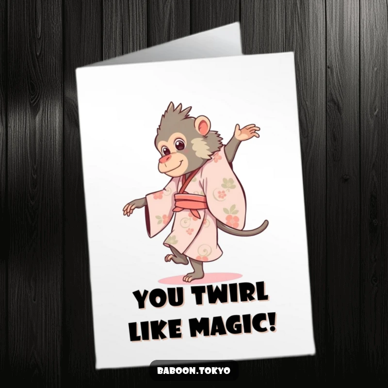 Funny Free Printable Congrats Card: An elegant baboon in a flowing kimono performs a graceful pirouette, celebrating an achievement.