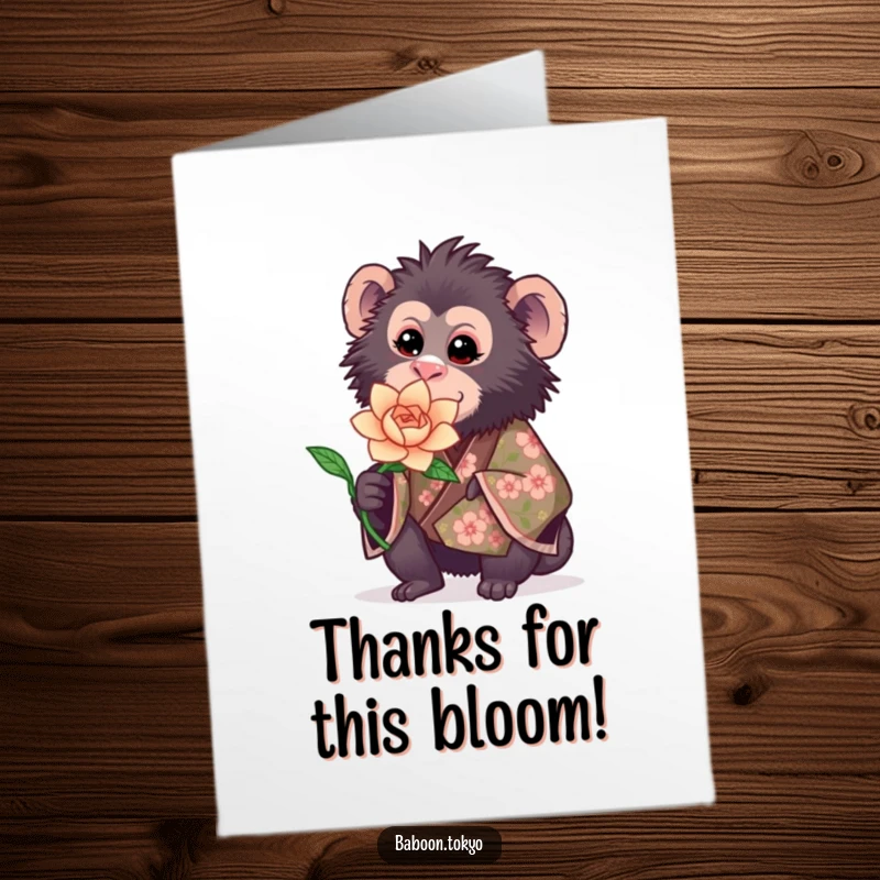 Funny Free Printable Thank You Card: A sweet baboon in a floral kimono gently offers a beautiful blooming paper flower.