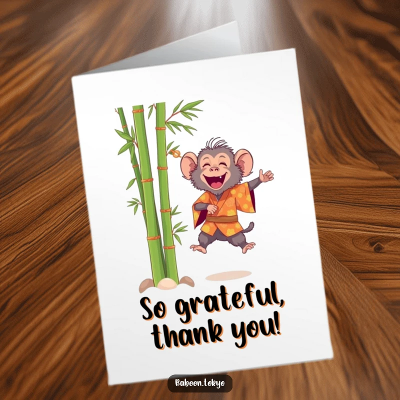 Funny Free Printable Thank You Card: A baboon in a bright kimono performs a joyful leap near bamboo, conveying thanks.