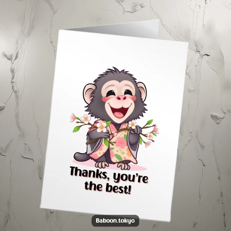 Funny Free Printable Thank You Card: A happy baboon in a floral kimono holds a blooming branch, offering thanks.
