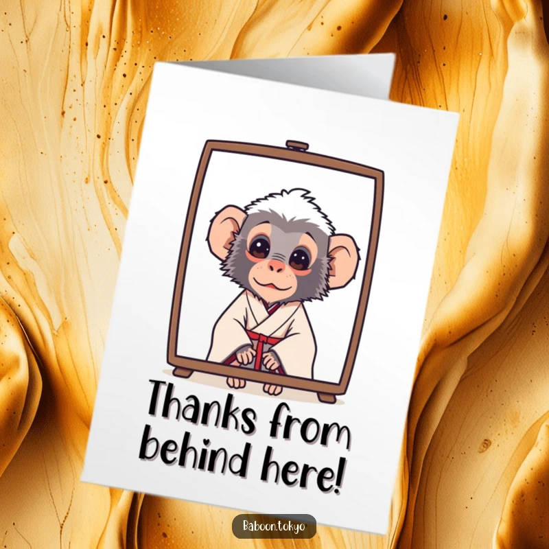 Funny Free Printable Thank You Card: A curious baboon in a simple kimono peeks from behind a screen, offering thanks.