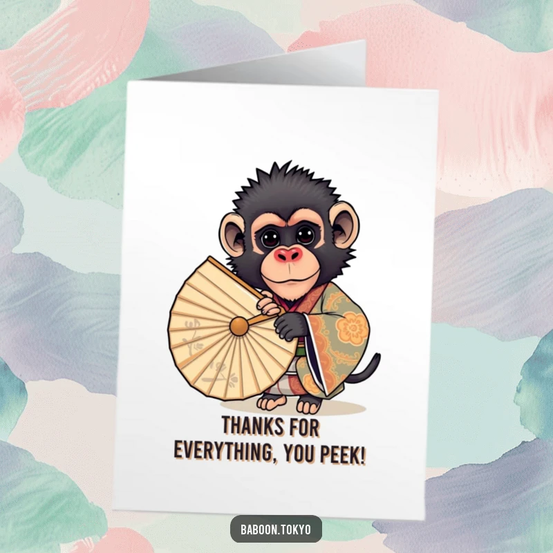 Funny Free Printable Thank You Card: Curious baboon in ornate kimono peeking from behind a large fan, looking mischievous.