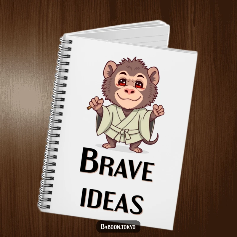Funny notebook: a brave baboon in a bold kimono guard stance with a cute expression, designed for jotting down protective notes.