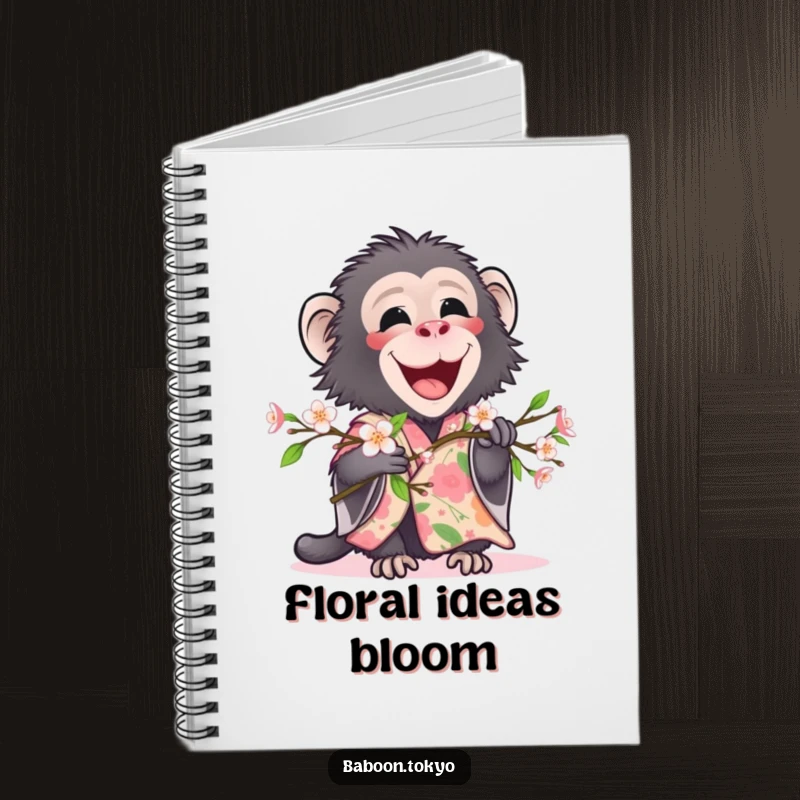 Funny, delighted baboon in a floral kimono holding a blooming branch, on a notebook cover, perfect for a funny gift.