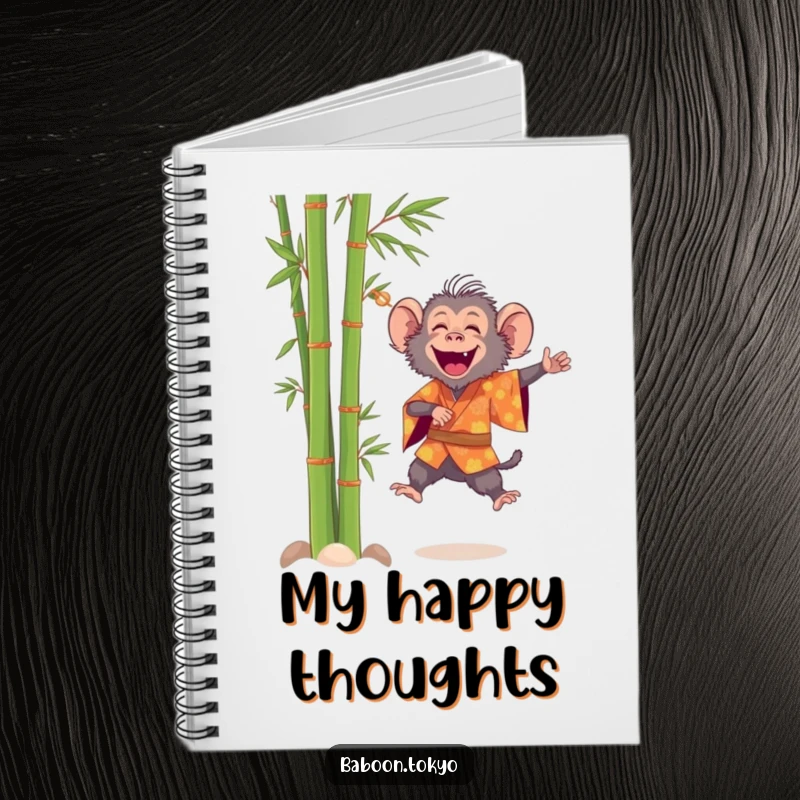 Funny, cheerful baboon in a bright kimono leaping near bamboo, on a notebook cover, perfect for a funny gift.