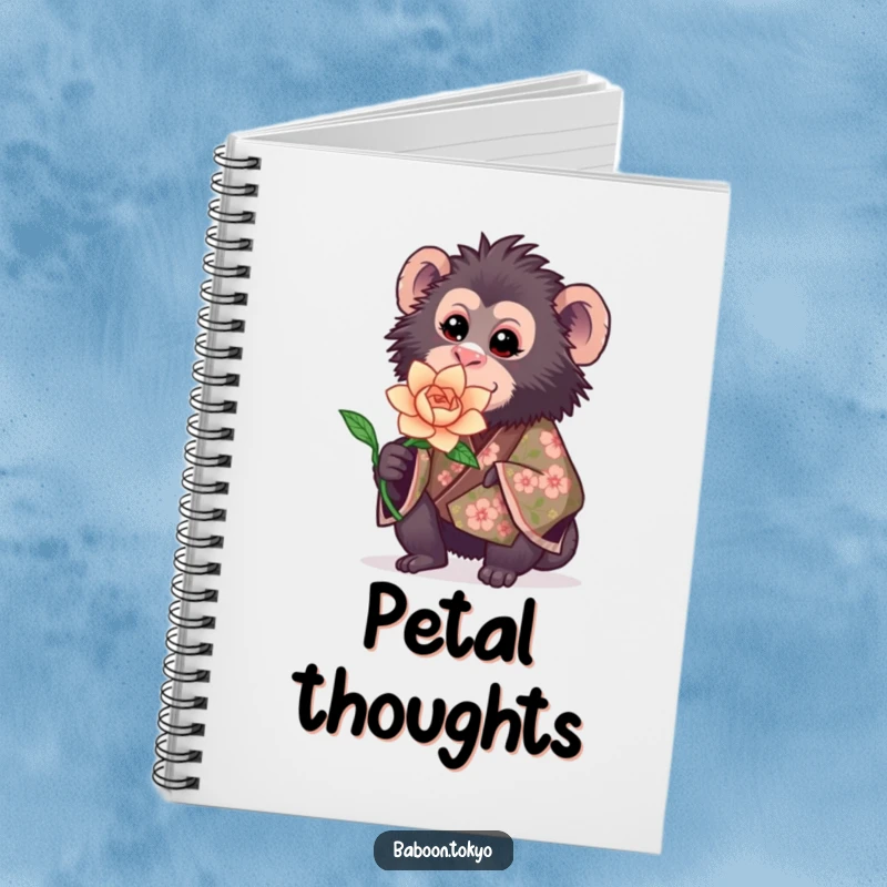 Funny notebook: a sweet baboon in a floral kimono offering a blooming paper flower, designed for jotting down kind and sweet notes.