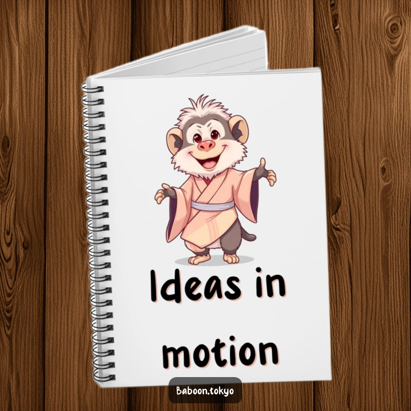 Funny notebook: a delighted baboon in a silk kimono, happily twirling with a big smile, perfect for capturing joyful notes.