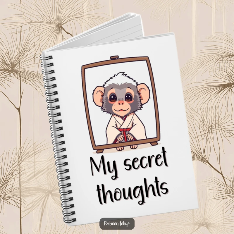 Funny baboon in a simple kimono, curiously peeking from behind a screen, on a notebook cover, perfect for a funny gift.