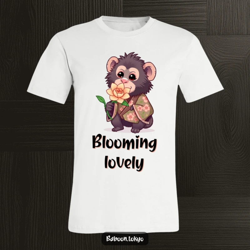 Funny t-shirt: a sweet baboon dressed in a beautiful floral kimono, holding out a delicate blooming paper flower with a kind expression.