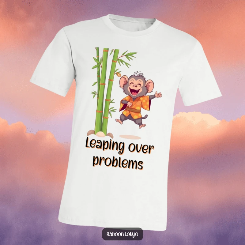 Funny, cheerful baboon in a bright kimono leaping near bamboo, on a soft t-shirt, ideal for a humorous present.