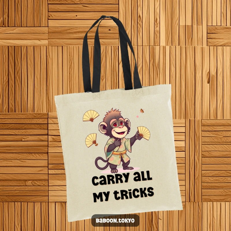 Funny baboon in a patterned kimono playfully juggling small fans on a durable tote bag, perfect for a humorous gift.