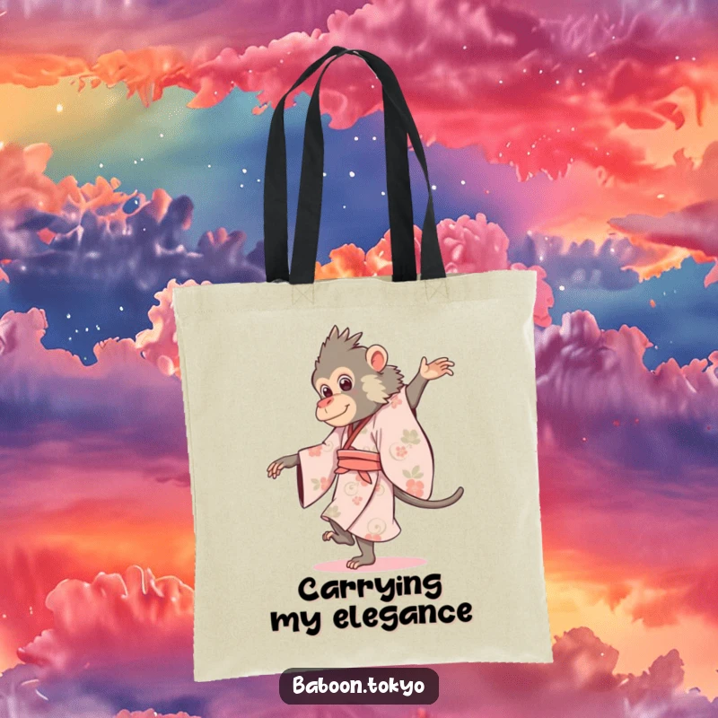 Funny baboon in a flowing kimono, gracefully pirouetting, on a durable tote bag, perfect for a funny gift.