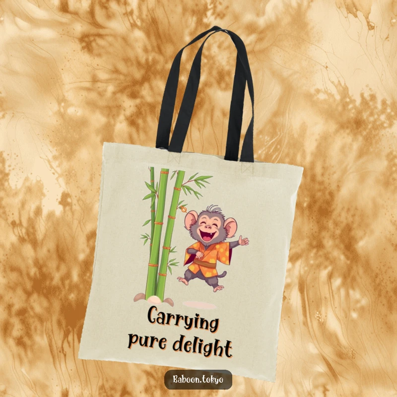 Funny, cheerful baboon in a bright kimono leaping near bamboo, on a durable tote bag, perfect for a funny gift.